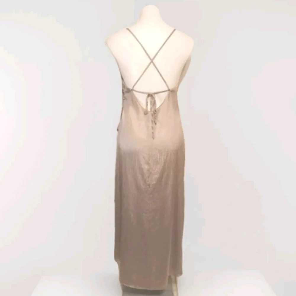 Free People Champagne Satin Slip Maxi Dress Cowl Neck Backless Quiet Luxury US 8